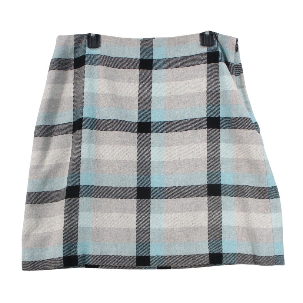Talots Plaid Wool Blend A-Line‎ Skirt Light Blue Grey Black Check Side Zip